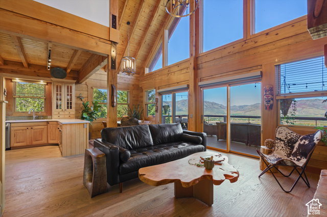 5878 Snowbasin Road Huntsville, UT 84317 - Photo 7 of 90 Vaulted wood-paneled ceiling, large windows, wood-finish flooring, built-in cabinetry, mountain scenery