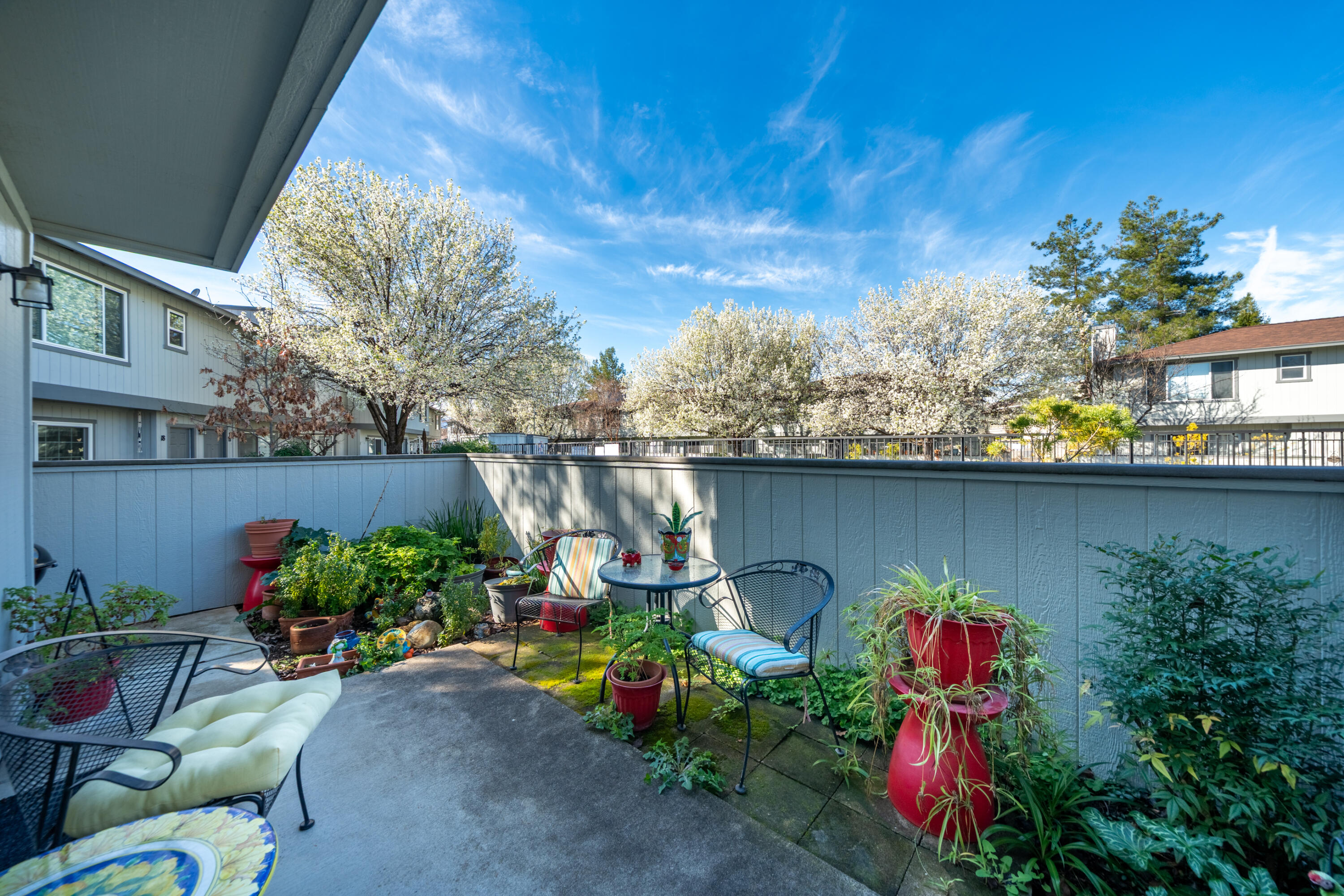 200 Ridgetop Drive, Unit 19 Redding, CA 96003 - Photo 31 of 53 a backyard with potted plants and a large tree
