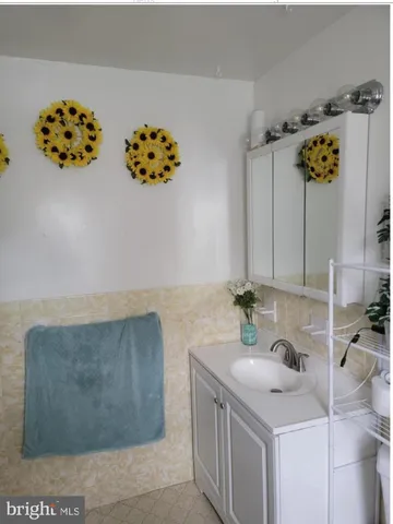 a bathroom with a sink mirror and vanity