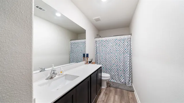 a bathroom with a sink a toilet and a mirror