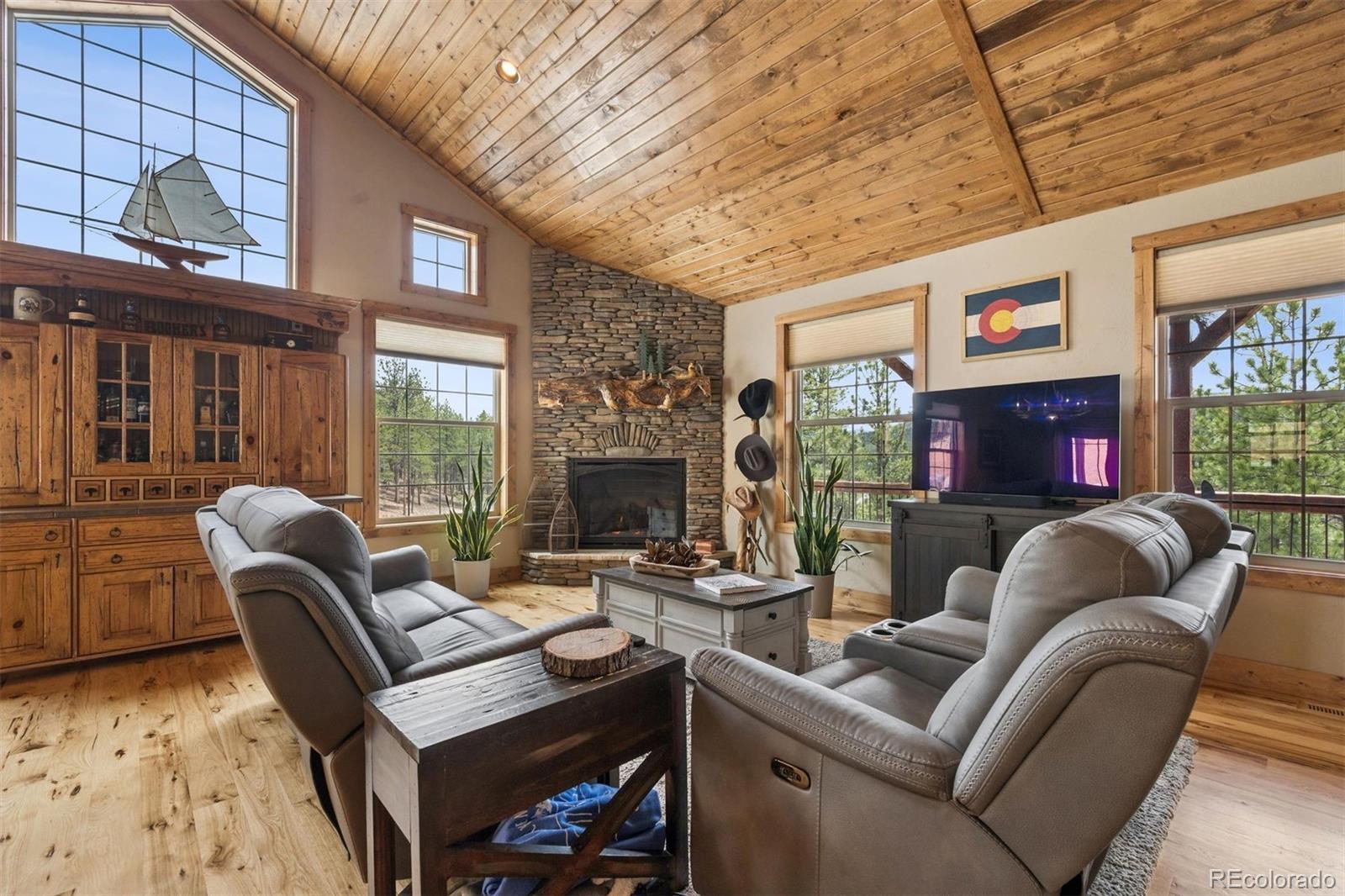 2894 County Road 43 Bailey, CO 80421 - Photo 10 of 40 a living room with furniture a fireplace and a flat screen tv