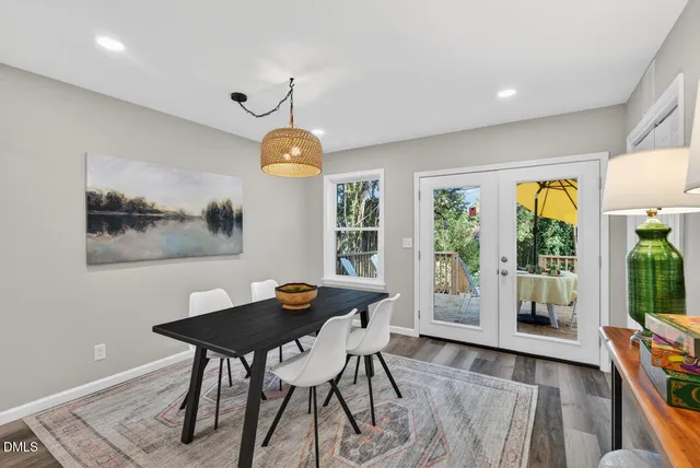 a view of a dining room with furniture