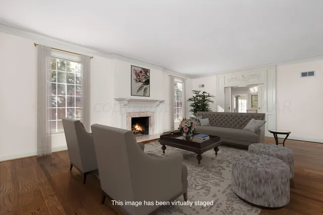 a living room with furniture a fireplace and a potted plant