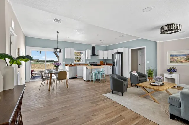 a living room with furniture and a table