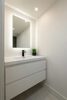 a bathroom with a sink and a mirror