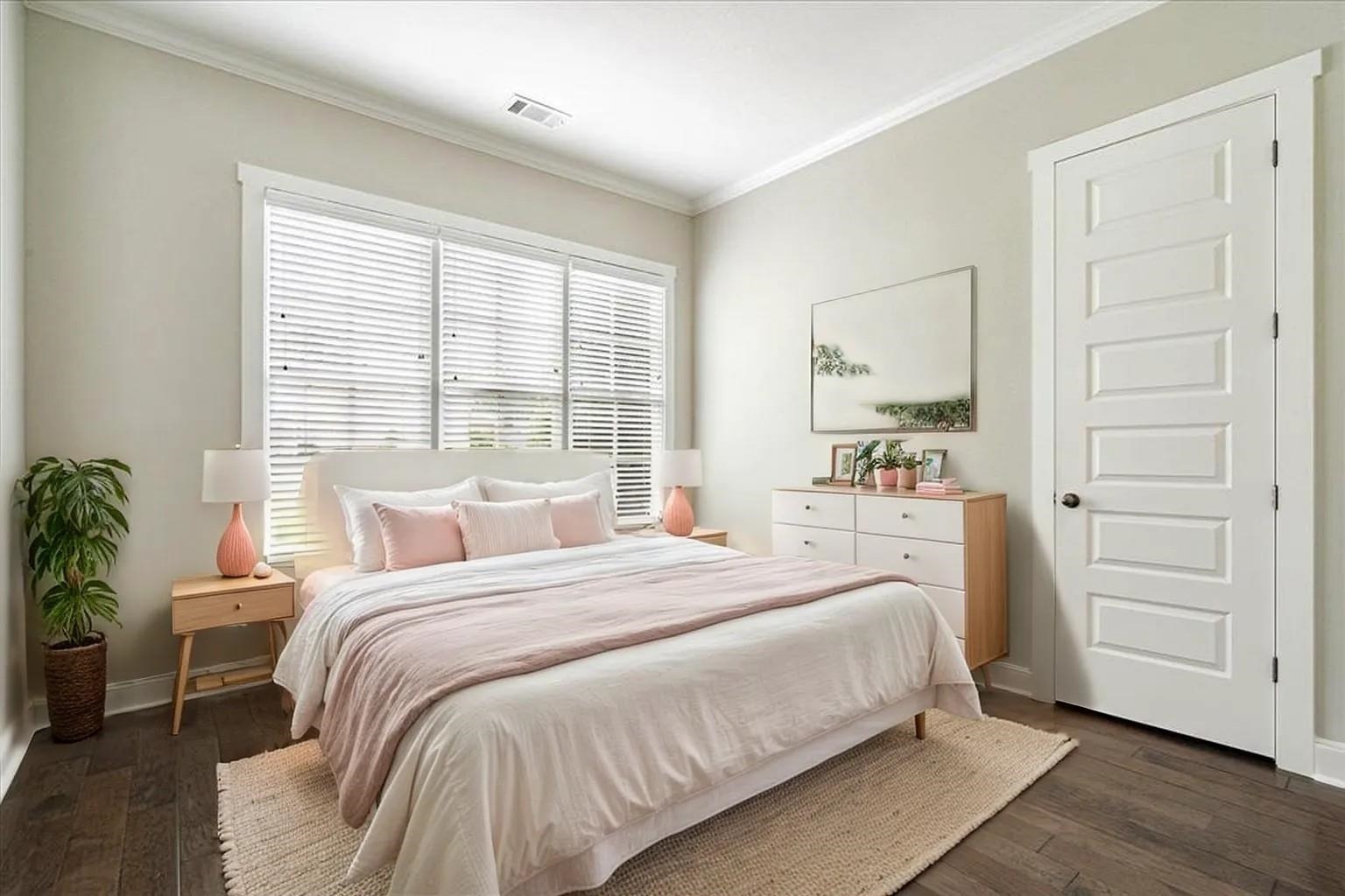 680 Magnolia Lane Piperton, TN 38017 - Photo 19 of 40 Spacious bedroom featuring large windows with blinds, dark wood-finish flooring, white baseboards, and crown molding. Staged Photo.