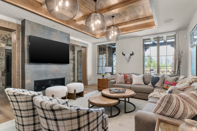 2192 East Outlaw Road Kamas, UT 84036 - Photo 50 of 80 Wood-finish flooring, recessed lighting, and a coffered ceiling with exposed beams