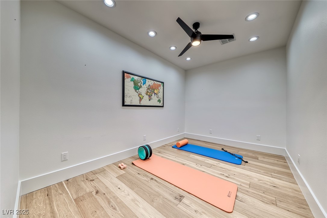 2309 Prometheus Court Henderson, NV 89074 - Photo 46 of 86 Exercise area with recessed lighting, a ceiling fan, and light wood-type flooring