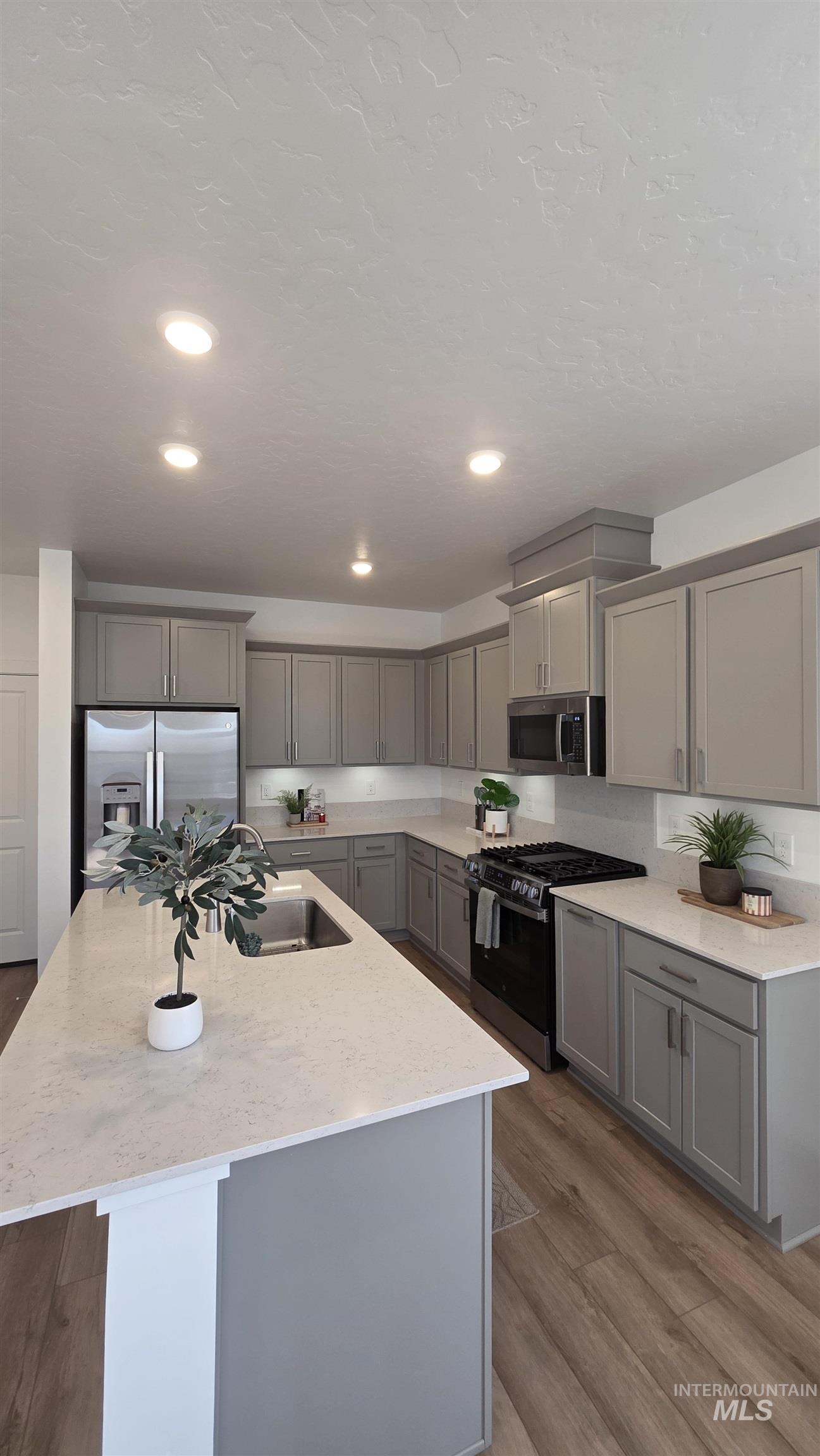 168 North Stratus Way Eagle, ID 83616 - Photo 7 of 35 Kitchen with gray cabinetry, an island with sink, appliances with stainless steel finishes, dark wood-style floors, and light stone counters