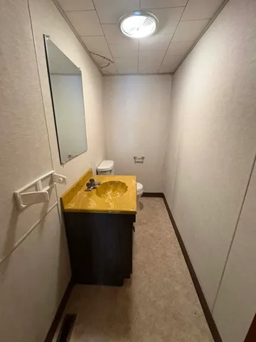 a bathroom with a sink a toilet and mirror