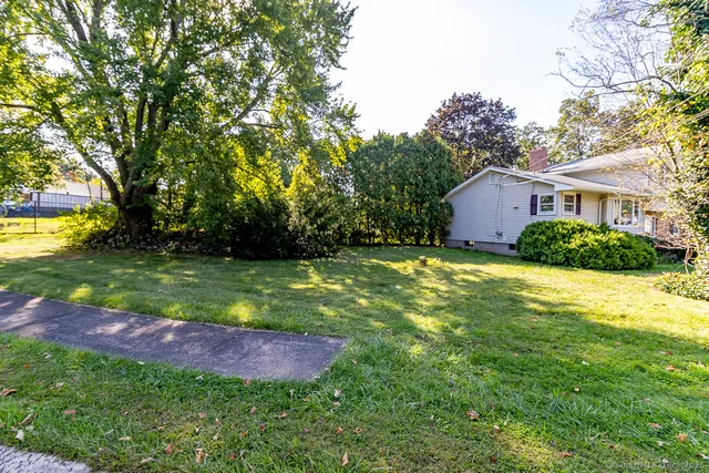 a view of backyard of house with green space