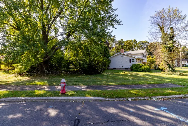 a view of a play house in a yard with a tree