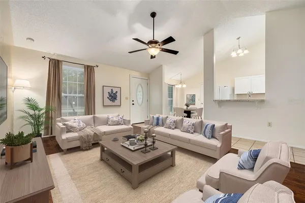 a living room with furniture or couches and a potted plant