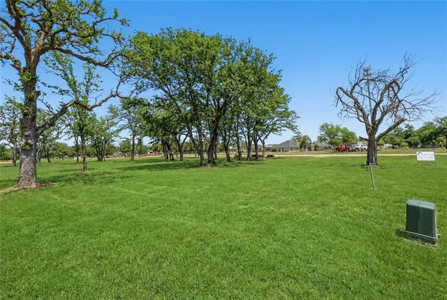 a view of grassy field with benches and trees all around