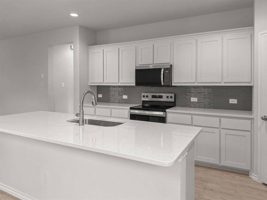 1908 Iris Road Melissa, TX 75454 - Photo 9 of 30 a kitchen with stainless steel appliances a sink a stove a microwave and cabinets