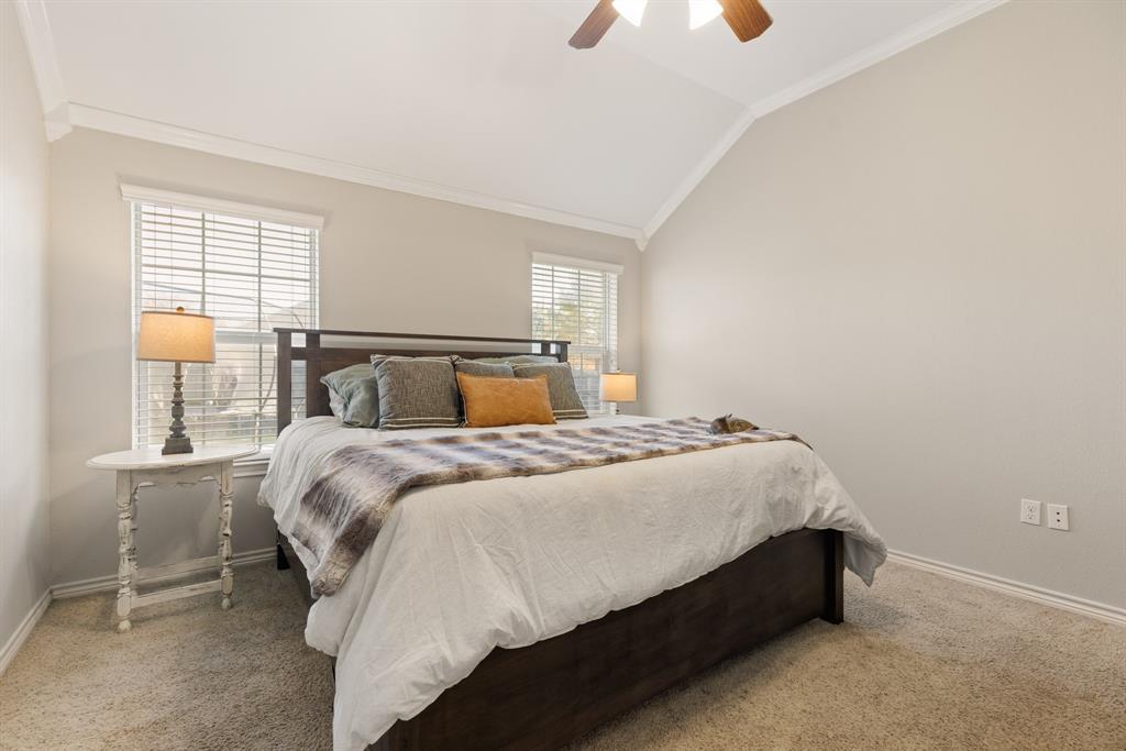 2565 Paddock Lane Robinson, TX 76706 - Photo 21 of 32 Bedroom featuring crown molding, vaulted ceiling, light carpet, and ceiling fan