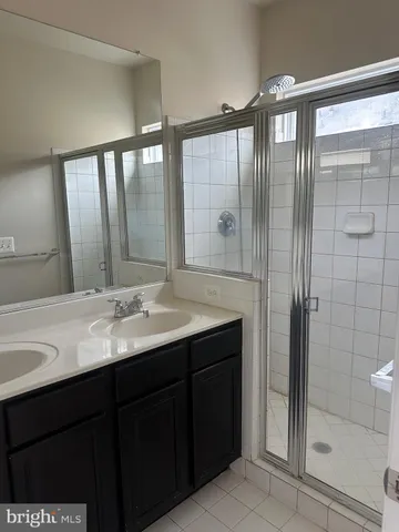 a bathroom with a double vanity sink mirror and shower