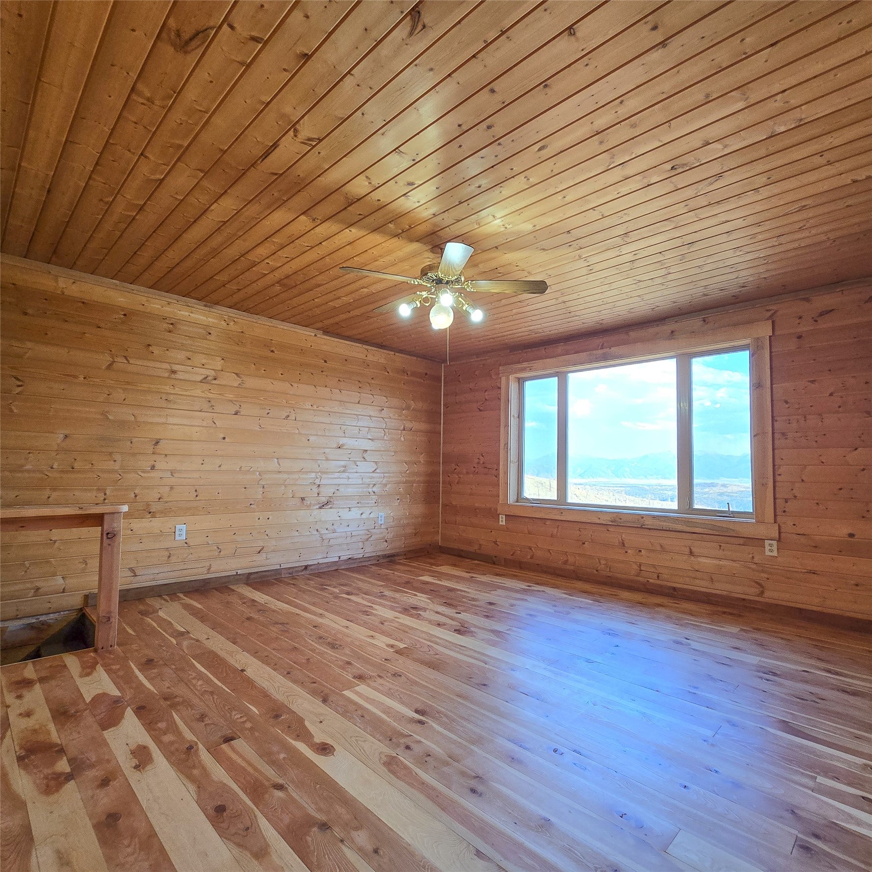 210 Friendspring Road Whitehall, MT 59759 - Photo 9 of 43 Spare room with wood walls, wood ceiling, light wood finished floors, and ceiling fan