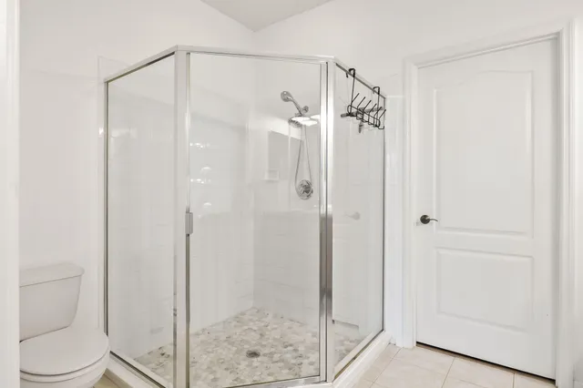 a bathroom with a shower and a toilet