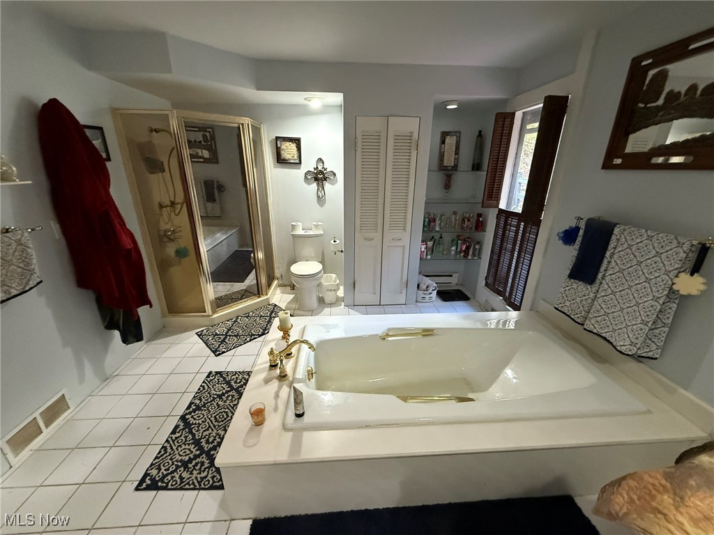 8116 Deer Road Southwest Bowerston, OH 44695 - Photo 29 of 49 Bathroom featuring a closet, light tile patterned flooring, a garden tub, and a stall shower