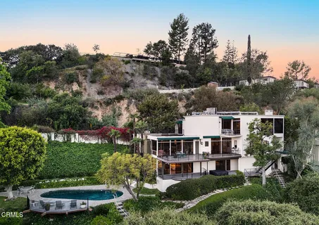 a aerial view of a house with a yard and potted plants