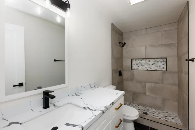 a bathroom with a sink a toilet and shower
