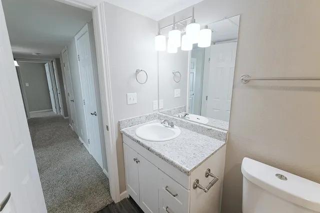 a bathroom with a sink a toilet and a mirror