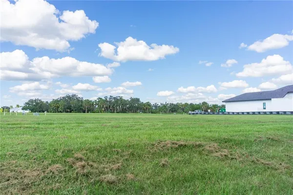 a view of a big yard with a house in the background
