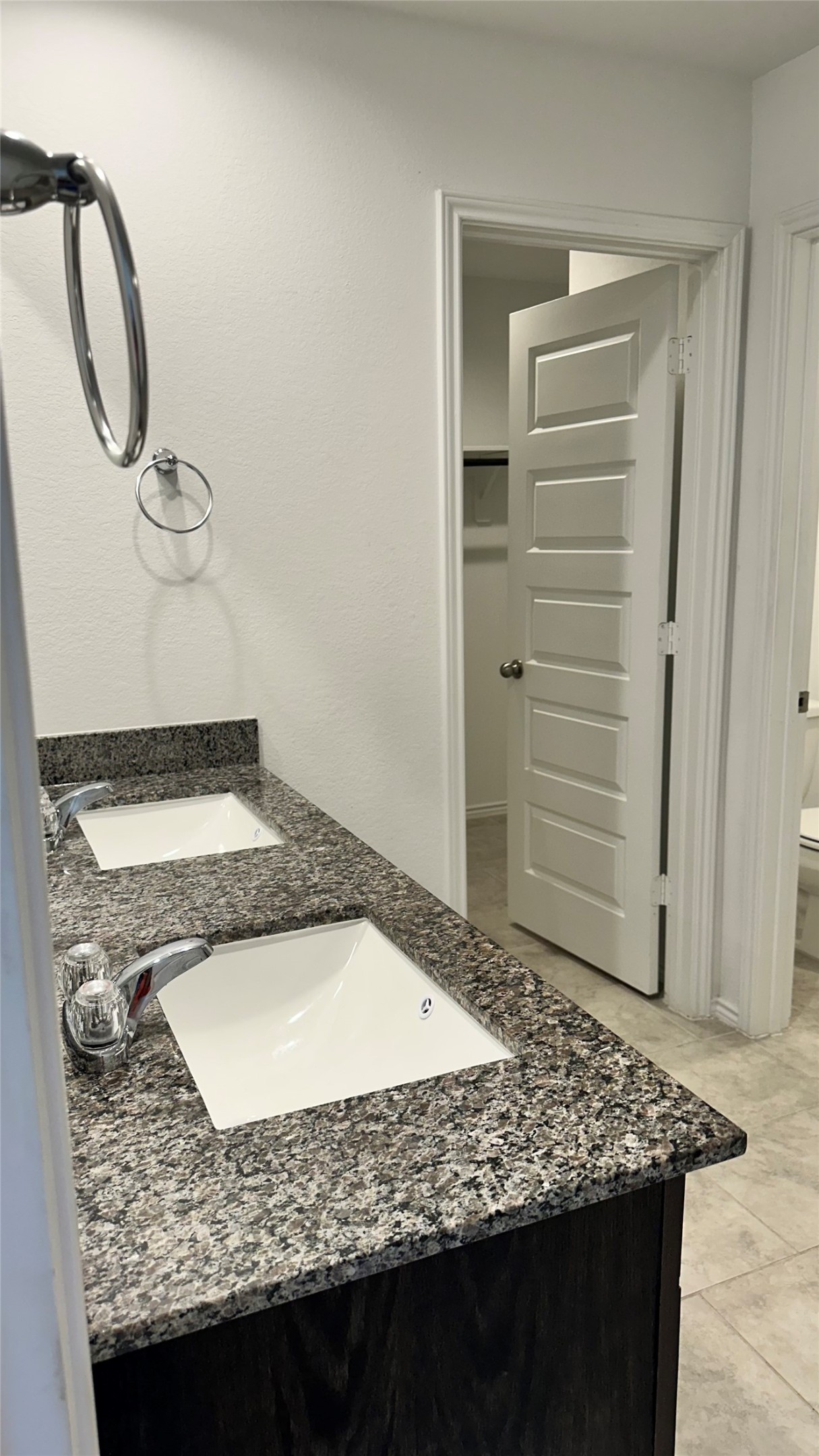 1103 Cattle Chute Court Rosharon, TX 77583 - Photo 22 of 26 Modern bathroom with a dual-sink vanity featuring granite countertops. The room has a neutral color palette and includes a walk-in closet and a separate toilet area.