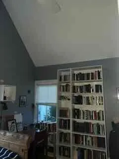a living room with a closet and a book shelf