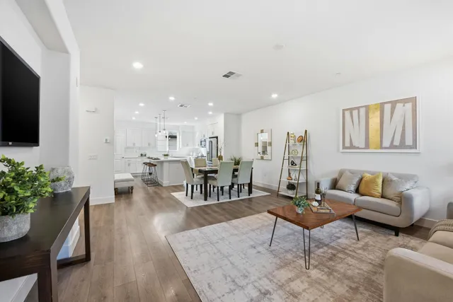 a living room with furniture kitchen view and a potted plant