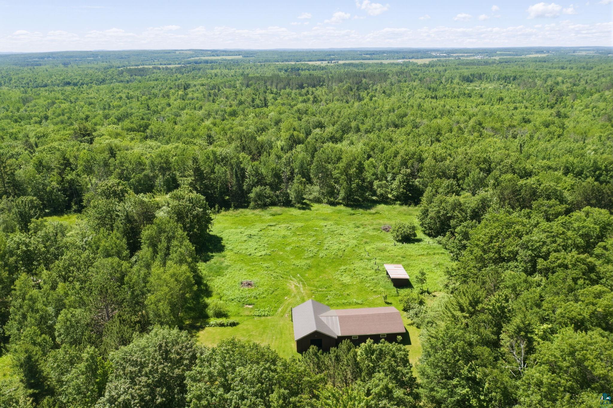 27485 South Kane Road Ashland, WI 54806 - Photo 34 of 35 Expansive wooded acreage featuring a cleared grassy area and a detached structure with a brown roof