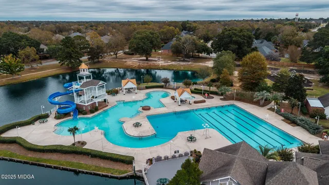 an outdoor space with furniture