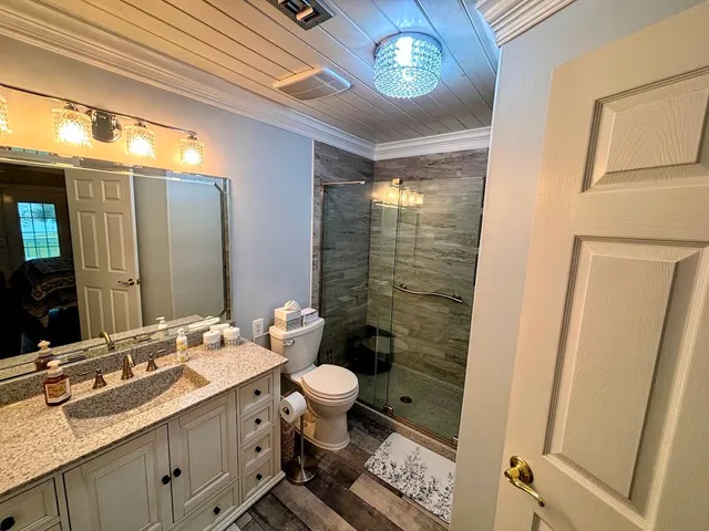 a bathroom with a double vanity sink toilet and shower