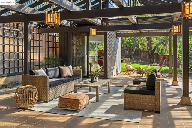 a view of a building with sitting area