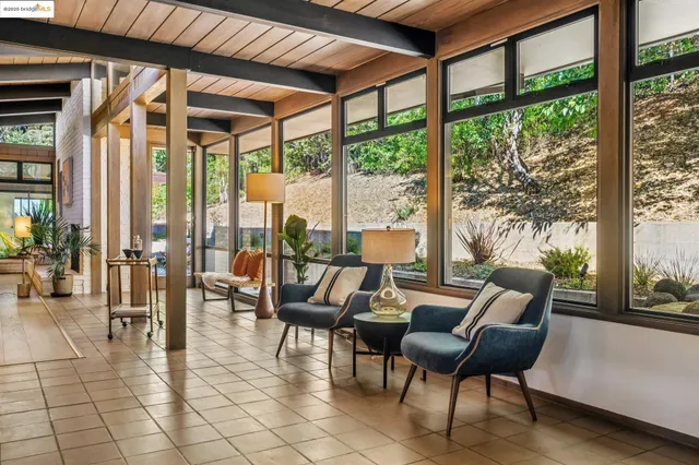 an outdoor space with furniture