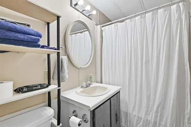 a bathroom with a sink a toilet and a mirror