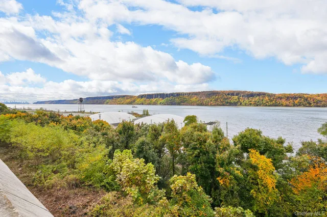 a view of a lake with houses in the back