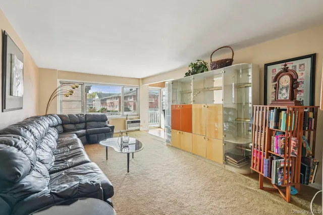 a living room with furniture and a book shelf