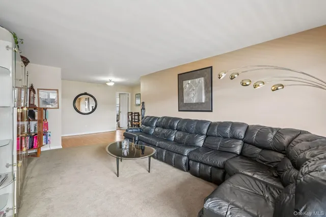 a living room with furniture a rug and a window