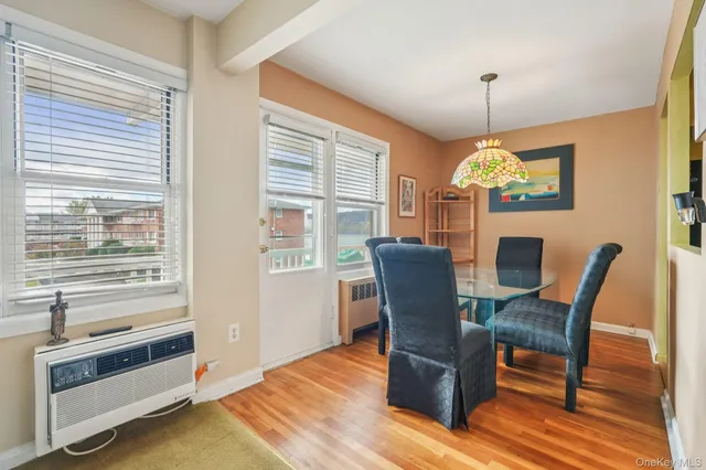 a view of a dining room with furniture window and wooden floor