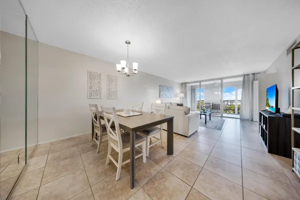 a view of a dining room with furniture