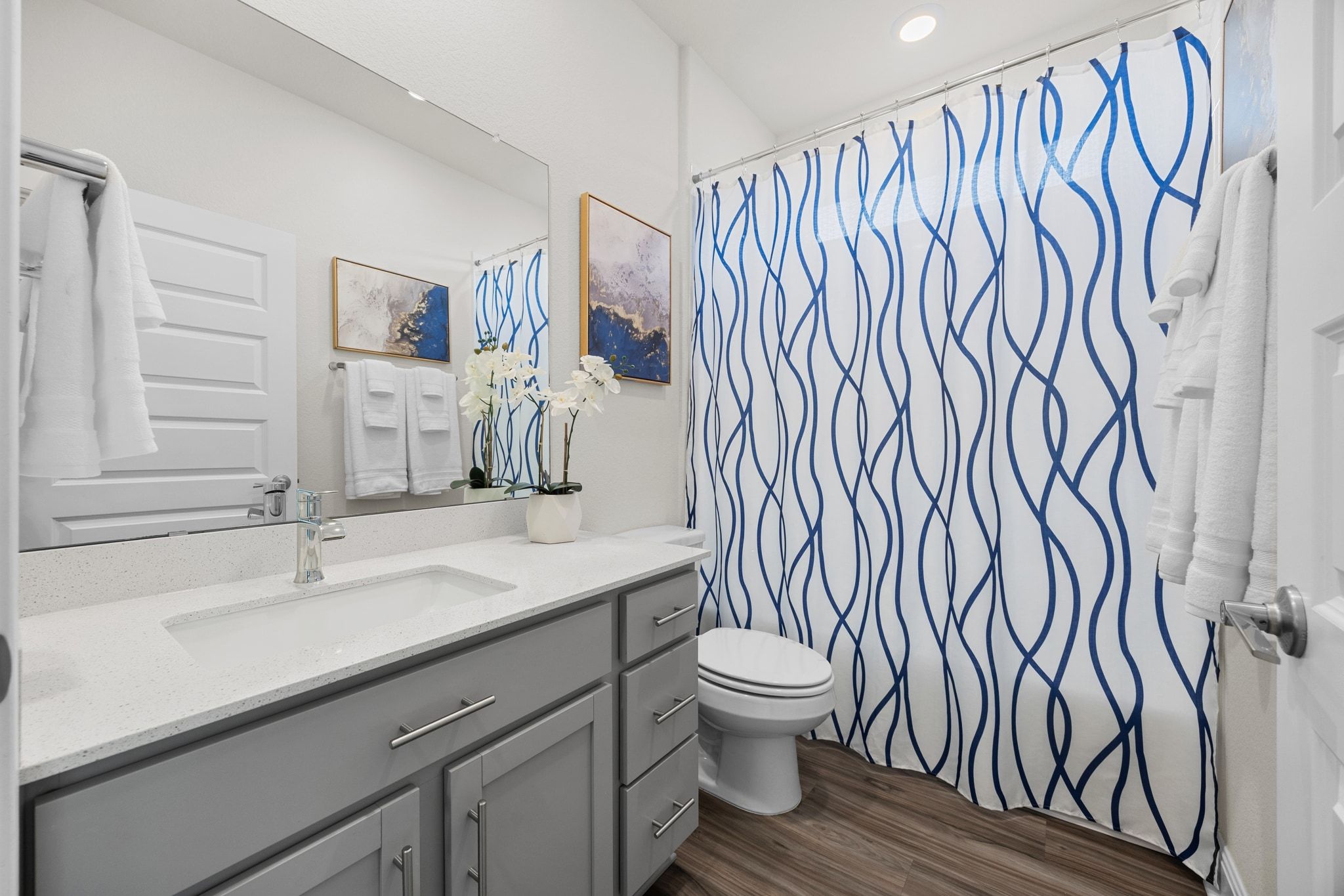 16804 Guido Cove Pflugerville, TX 78660 - Photo 19 of 38 Full bath with dark wood-type flooring, a shower with shower curtain, and vanity