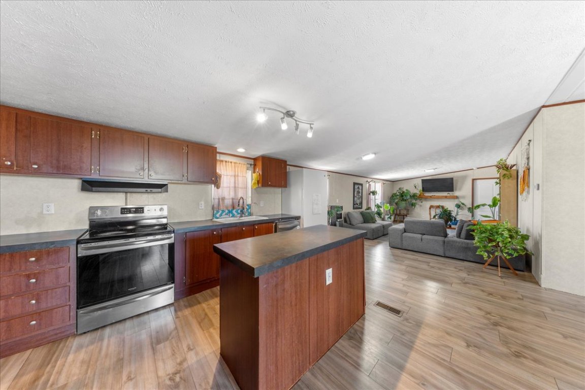 1307 Graef Road, Unit B Kyle, TX 78640 - Photo 19 of 40 a kitchen with stainless steel appliances granite countertop a stove top oven a sink dishwasher and a refrigerator with wooden floor