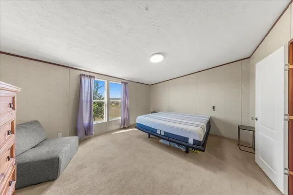 a bedroom with a bed and closet