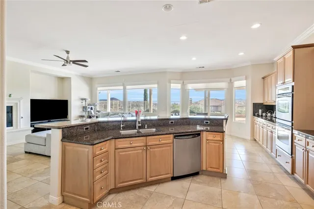 a large kitchen with cabinets