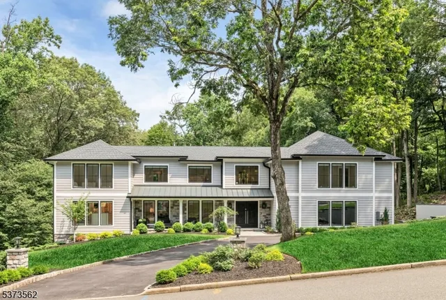 an aerial view of residential houses with outdoor space and trees