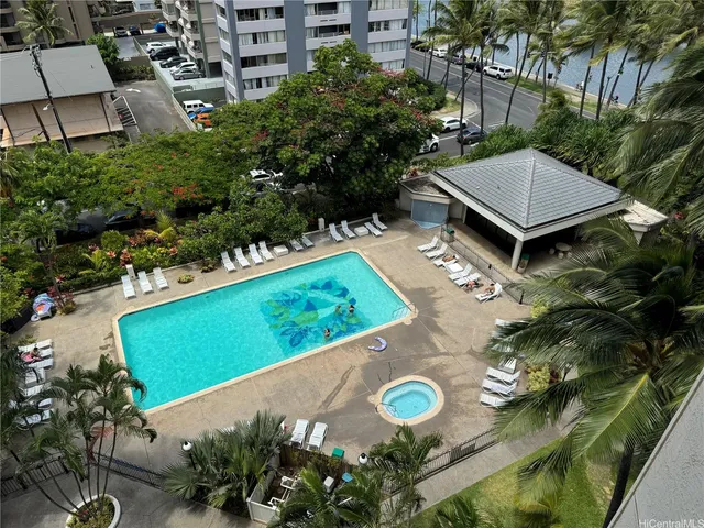 an aerial view of a backyard