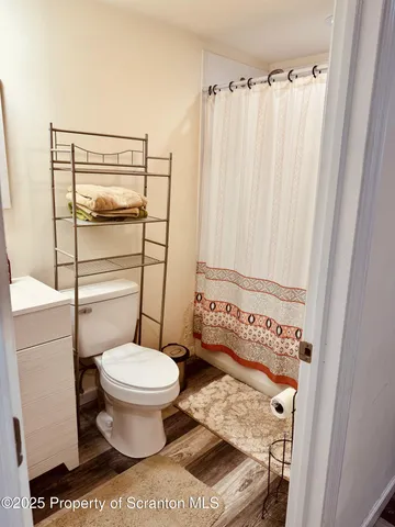 a bathroom with a toilet and a shower curtain