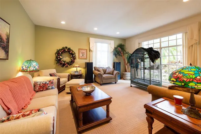 a living room with furniture flowerpot and a chandelier